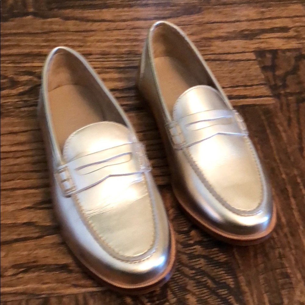 J. Crew gold loafers